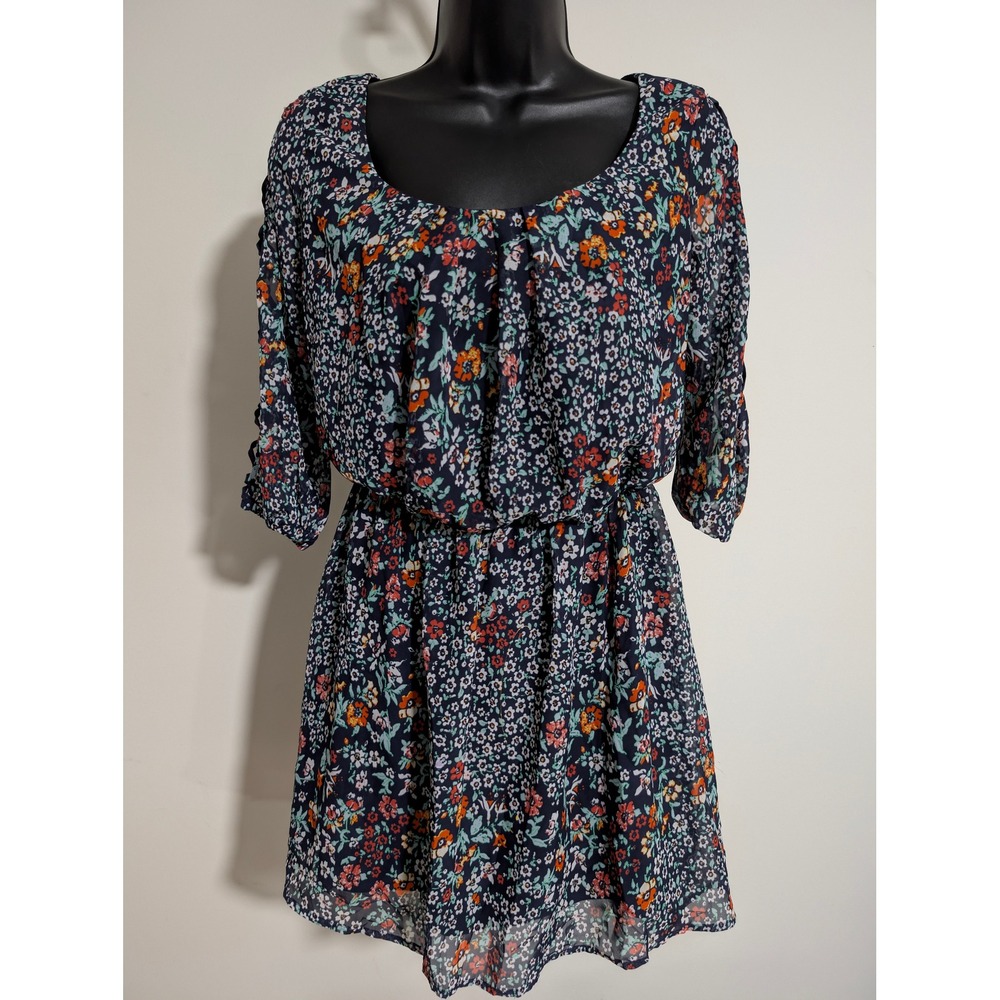 My Michelle Floral Print Dress 3/4 Cutout Sleeve Sheer Overlay A Line Small